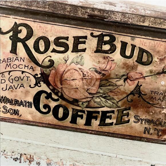 Antique Rare Shabby Rose Bud Coffee Tin Can Canister Box Hinged Lid Paper Label - Picture 1 of 10